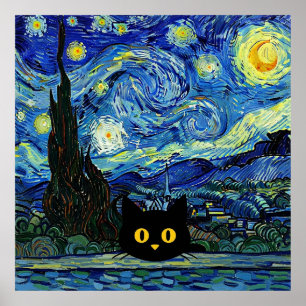 Poster Chat Nuit Étoilée Inspiré de Van Gogh Ciel Étoilé