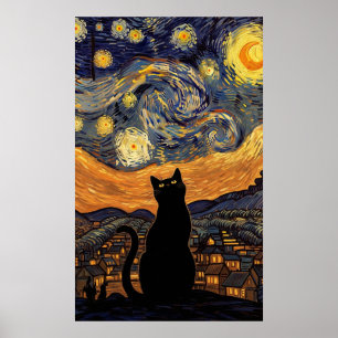 Poster Chat Nuit Étoilée Inspiré du Ciel Étoilé de Van Go