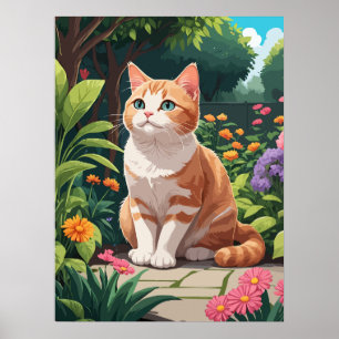 Poster Chat orange dans un jardin coloré