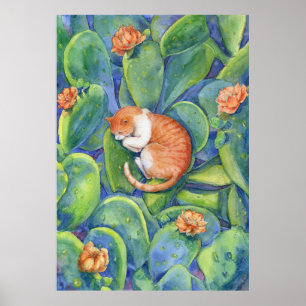 Poster Chat orange dormant parmi les cactus d'art