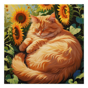Poster Chat orange gras doré avec tournesol