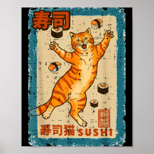 Poster Chat Orange Saute Avec Nourriture Japonaise Sushi 