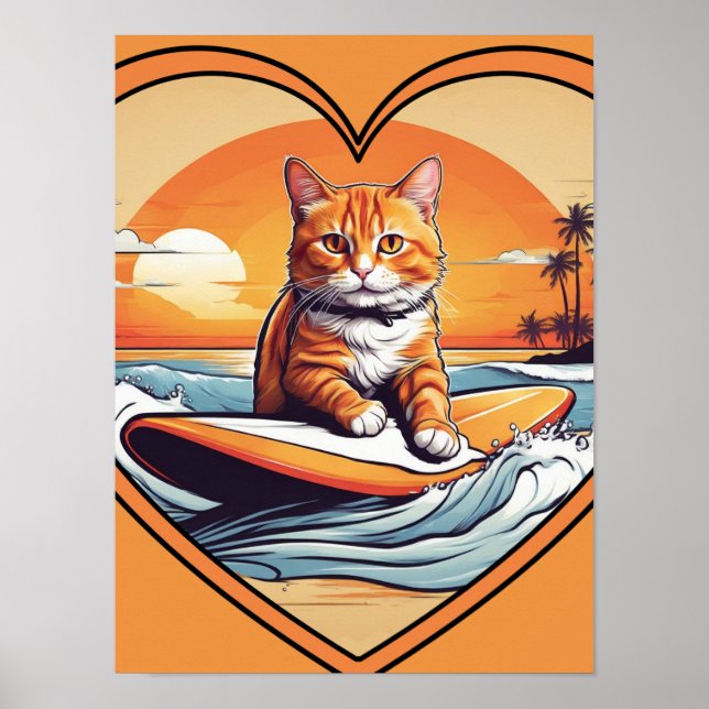 Poster Chat orange surfant (Devant)
