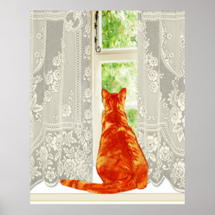 Poster Chat orange Vue sur la fenêtre Art traditionnel