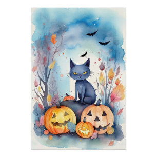 Poster Chat Oriental Bleu Halloween avec des citrouilles