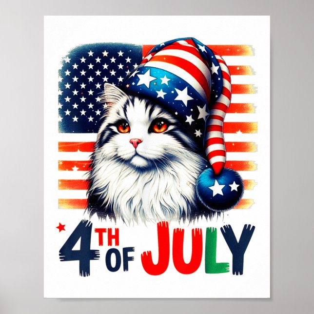 Poster Chat Patriotique 4 juillet Drapeau Américain Drôle (Devant)