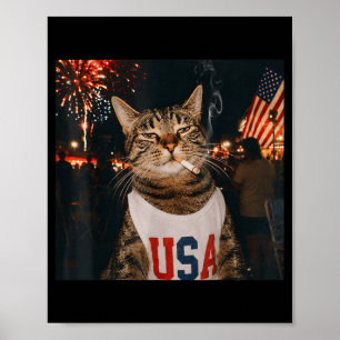 Poster Chat patriotique du 4 juillet fumant une cigarette