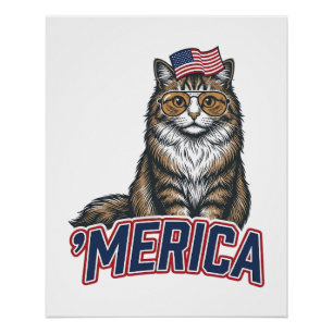 Poster Chat Patriotique Merica Gravure Vintage Design de