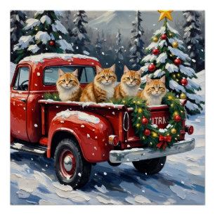 Poster Chat Persan Camion Rouge Noël Fêtes
