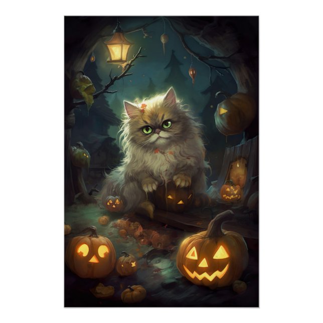 Poster Chat perse d'Halloween avec effroi Citrouille (Devant)