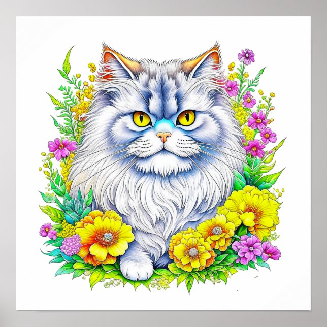 Poster Chat perse en Fleurs Jaunes et Roses (Devant)