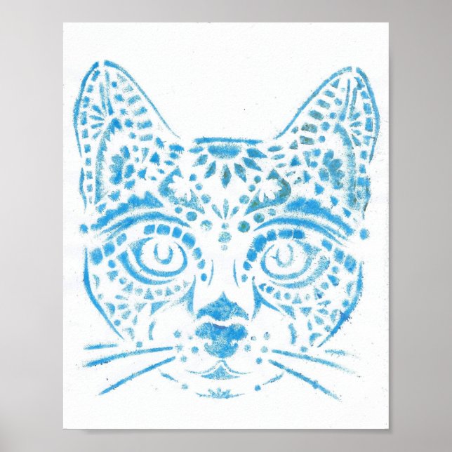 Poster chat pochoirs bleu (Devant)