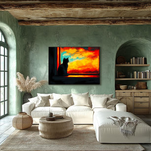 Poster Chat Pop Art au coucher du soleil - Vue de la fenê