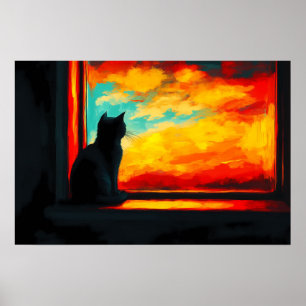 Poster Chat Pop Art au coucher du soleil - Vue de la fenê