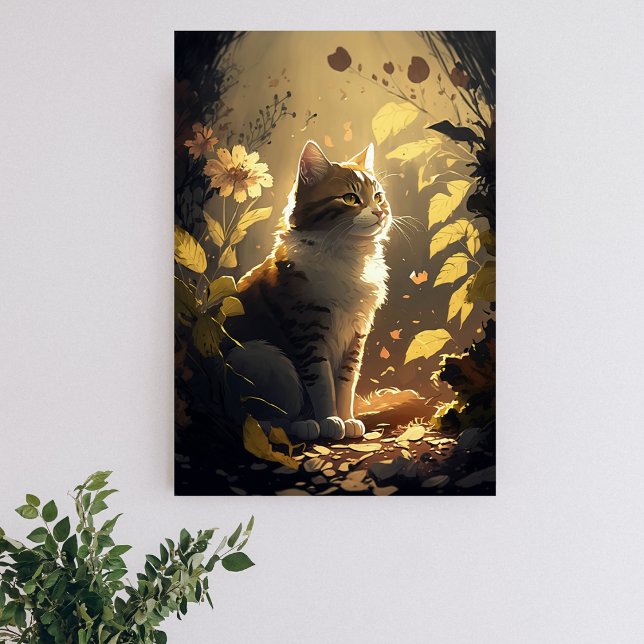 Poster Chat Profiter du soleil dans un jardin de fleurs (Créateur téléchargé)