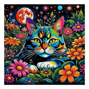 Poster Chat psychédélique parmi les fleurs