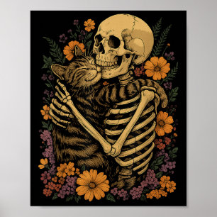 Poster Chat qui embrasse un squelette Fleurs Halloween Am