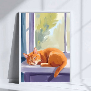 Poster Chat qui fait la sieste   Chaton orange aquarelle 