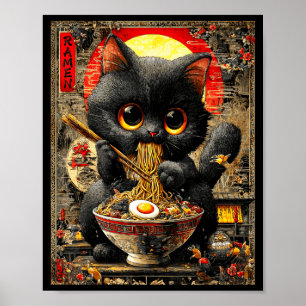 Poster Chat Ramen Drôle Amoureux de Nouilles Anime Otaku 