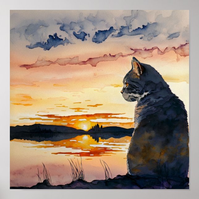 Poster Chat Regardant L'Aquarelle Du Coucher Du Soleil (Devant)