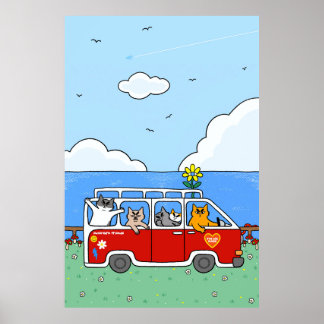 Poster Chat Rétro Planche de Surf Van Drôle d'Atmosphère 