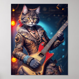 Poster Chat rock steampunk jouant de la guitare sur une s