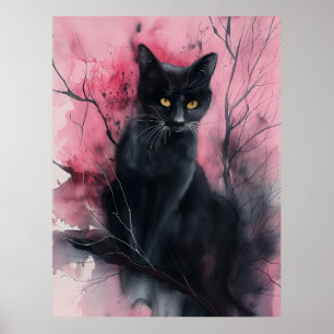 Poster Chat rose Noir Abstrait Portrait Surréaliste Peint