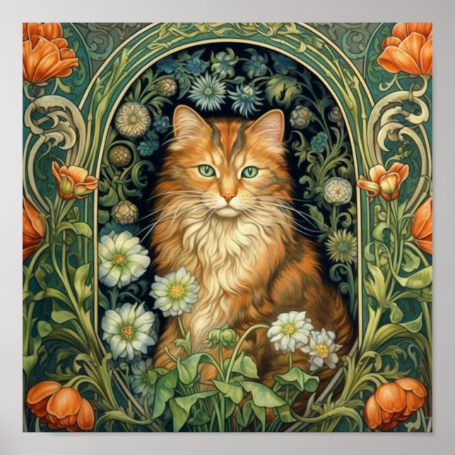 Poster Chat rouge dans le jardin Art nouveau (Devant)