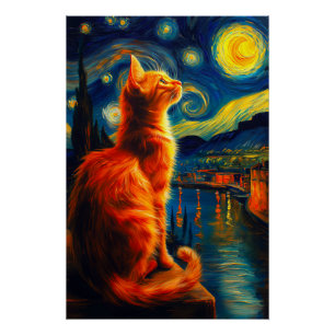 Poster Chat roux contemplatif   Ciel nocturne étoilé