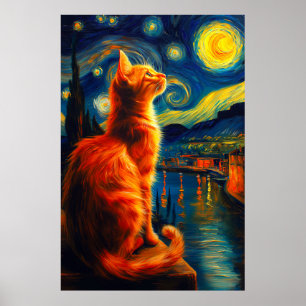 Poster Chat roux contemplatif   Ciel nocturne étoilé