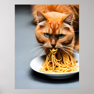 Poster Chat roux mangeant des spaghetti
