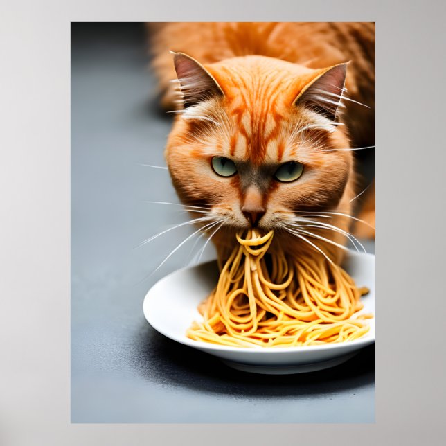 Poster Chat roux mangeant des spaghetti (Devant)