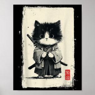 Poster Chat Samouraï Art Japonais Sumi-e Nouveauté Kawaii