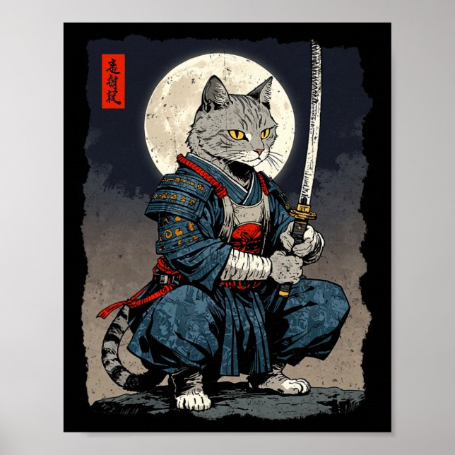 Poster Chat Samurai Japonais Retro Chat Fighter Moon Ukiy (Devant)