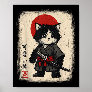 Poster Chat Samurai Japonais Vintage Kawaii Chats Amoureu