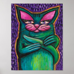 Poster Chat sarcelle féminin au pastel à l'huile sur fond