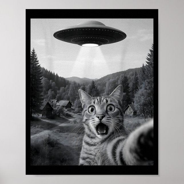 Poster Chat selfie avec un OVNI alien drôle chat Ed chat  (Devant)