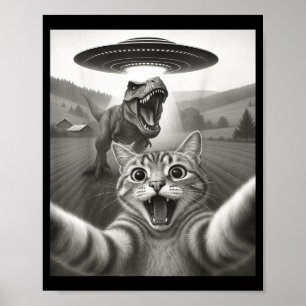 Poster Chat selfie avec un OVNI alien et un dinosaure T-R