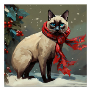 Poster Chat siamois à Noël sous la neige