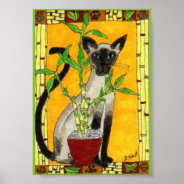 Poster Chat siamois avec Bambou Plante Mini Art populaire (Devant)