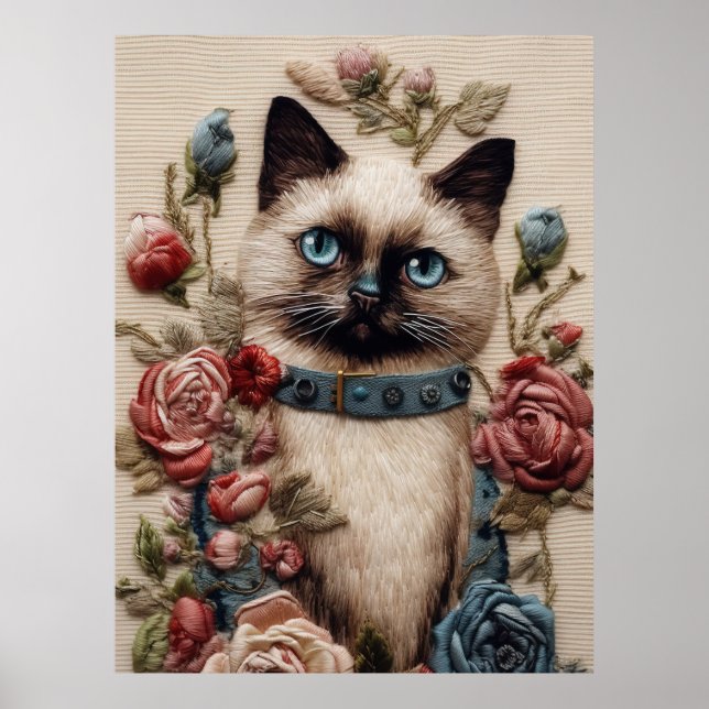 Poster Chat siamois et broderie 3D Rose (Devant)