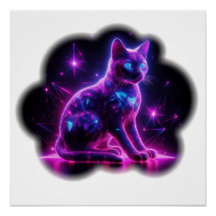 Poster Chat Siamois Néon Violet Avec Des Yeux Bleus & Sta