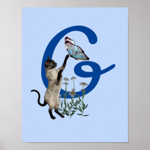 Poster Chat siamois papillon fleurs monogramme initial G