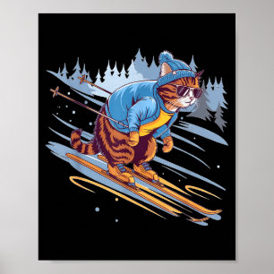 Poster Chat skiant une pente enneigée drôle 