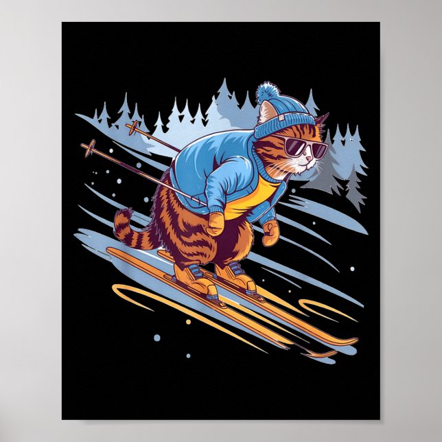 Poster Chat skiant une pente enneigée drôle  (Devant)