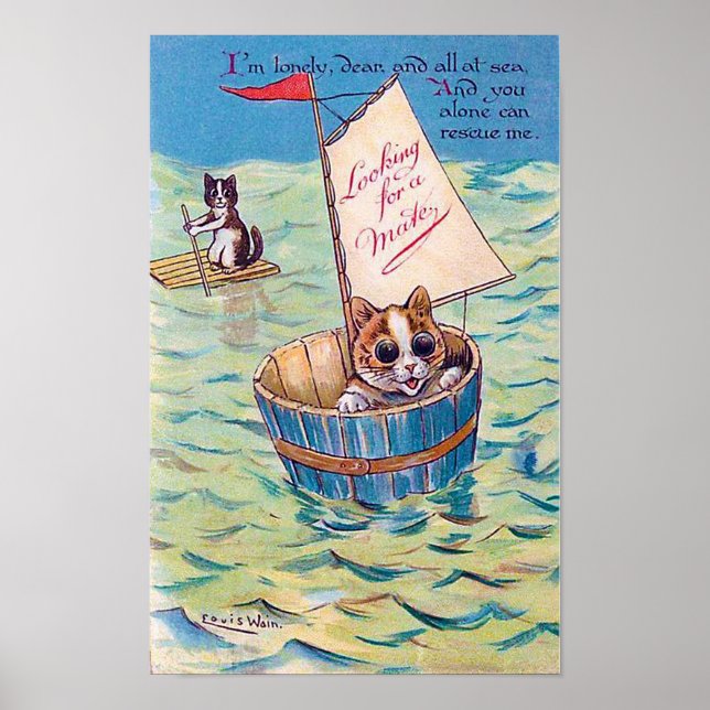 Poster Chat solitaire en mer, Louis Wain (Devant)