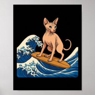 Poster Chat Sphynx faisant du surf sur une vague japonais
