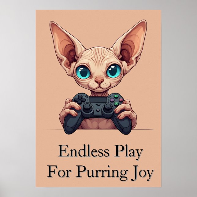 Poster Chat Sphynx tenant une manette de jeu (Devant)