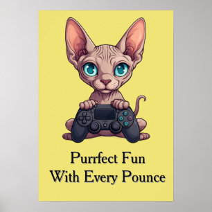 Poster Chat Sphynx tenant une manette de jeu