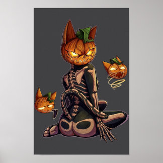Poster Chat squelette tête de citrouille gothique Hallowe